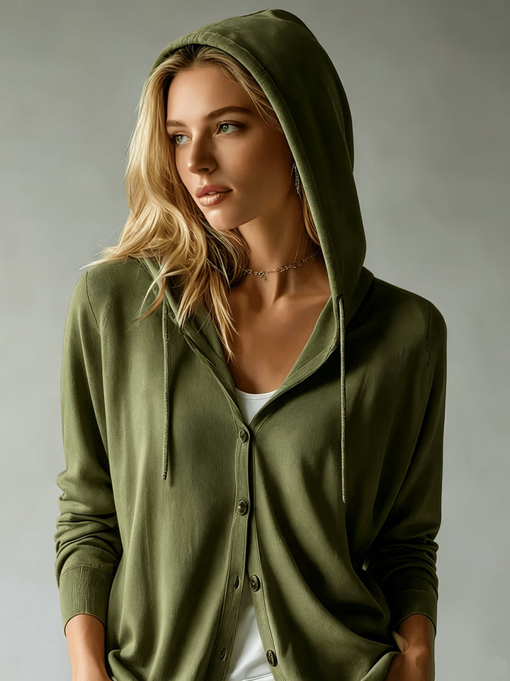 Alessia | Military Green Hooded Cardigan with Button Closure