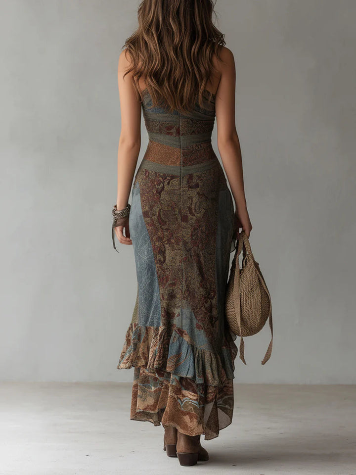 Elena ∙ Asymmetric one-shoulder maxi dress with ethnic print and high slit