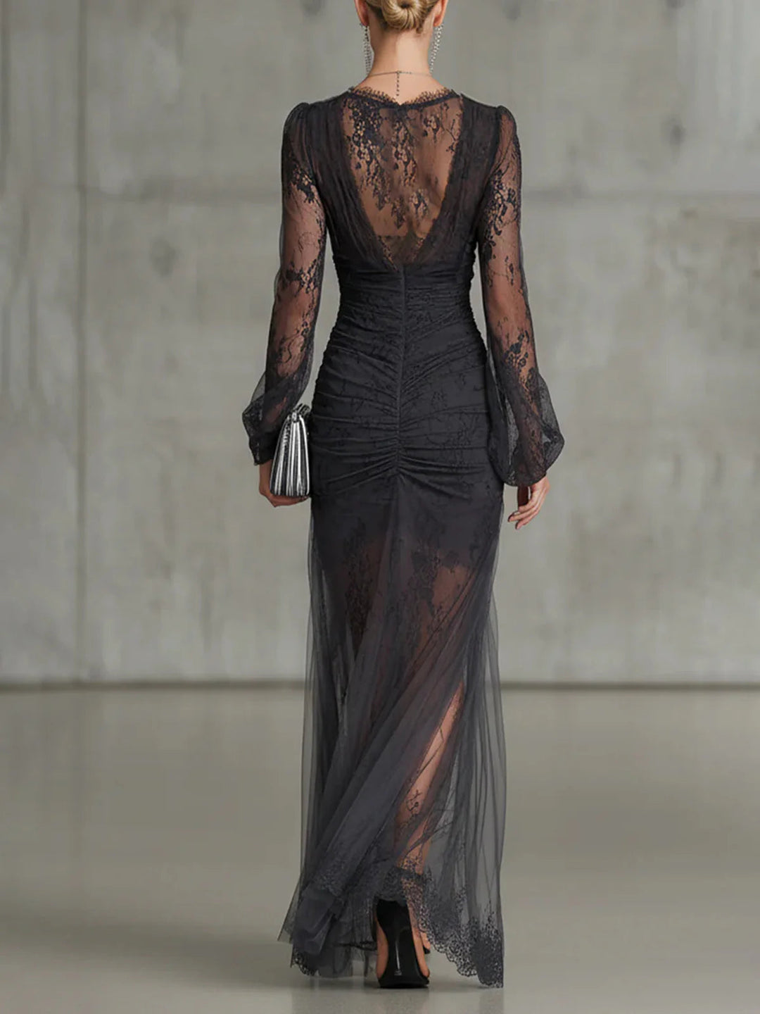 Sofia | Dark Gray Lace Ruched Maxi Dress