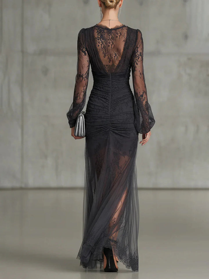 Sofia | Dark Gray Lace Ruched Maxi Dress