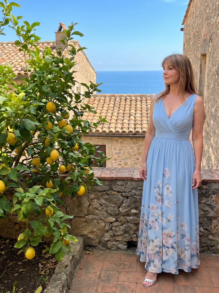 Bellthorne | Sleeveless V Neck Soft Floral Hem Midi Dress