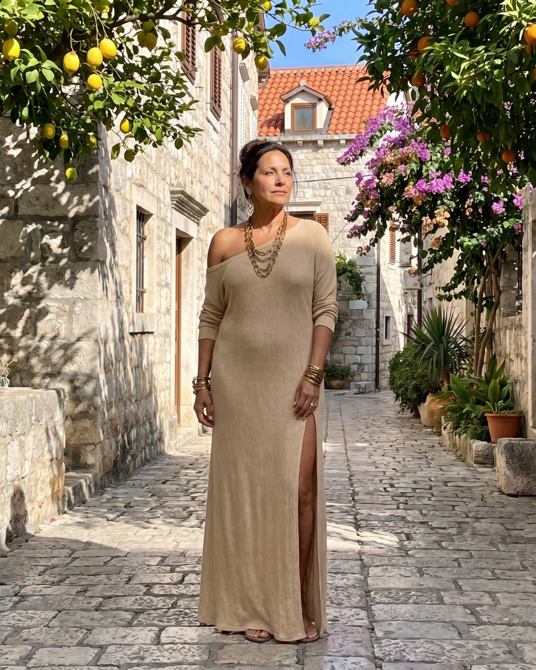 Elise | One Shoulder Side Slit Flowing Midi Dress
