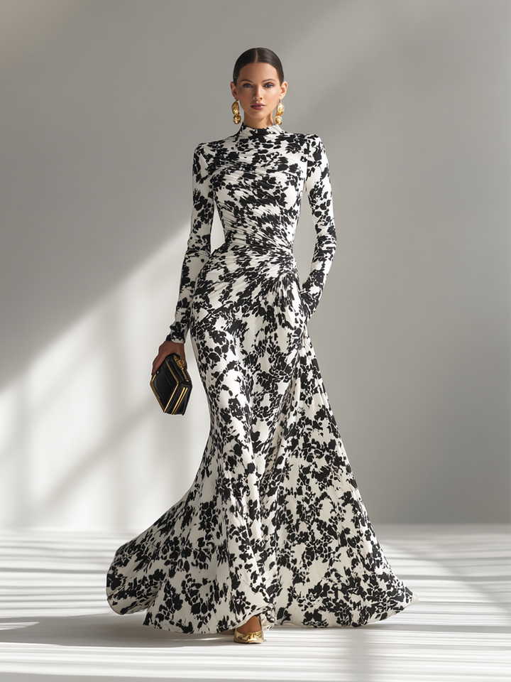 NANCY | Black And White Patterned Stretch Blend Wrap Dress