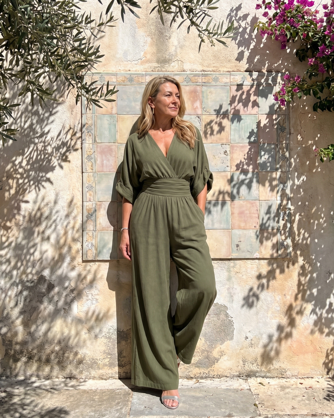 Francesca | Draped V Neck Wide Leg Relaxed Jumpsuit