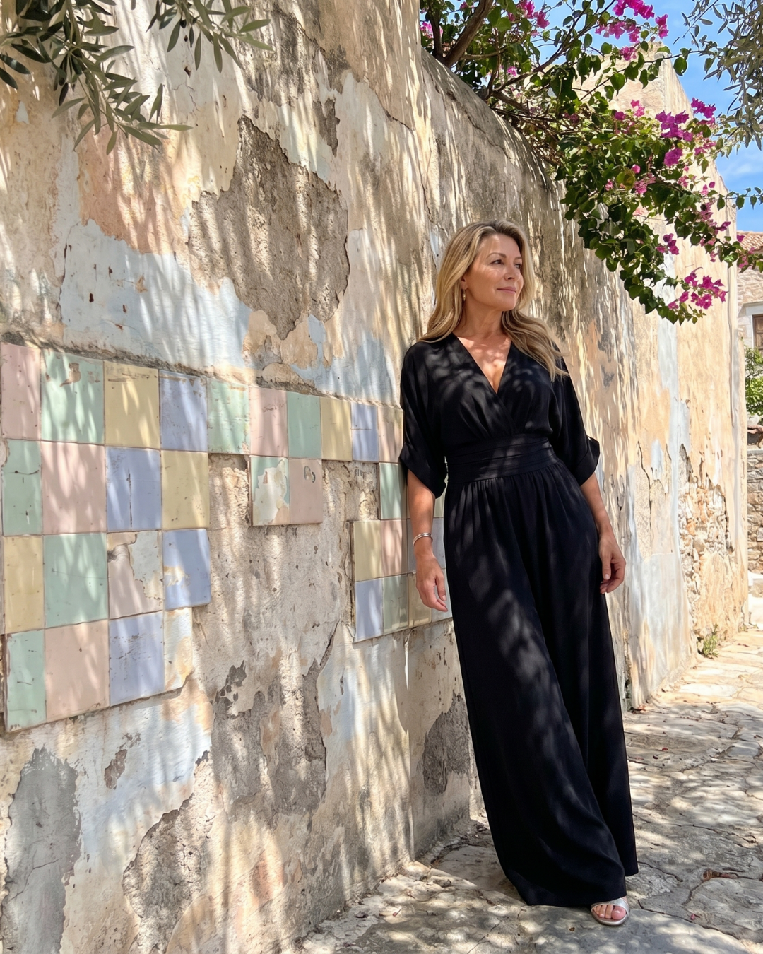 Francesca | Draped V Neck Wide Leg Relaxed Jumpsuit