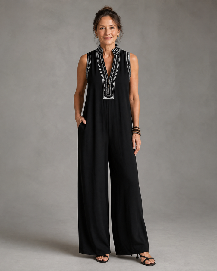 Daisy | Embroidered V Neck Sleeveless Wide Leg Jumpsuit