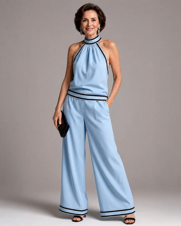 Erica | Contrast Trim Halter Neck Wide Leg Jumpsuit