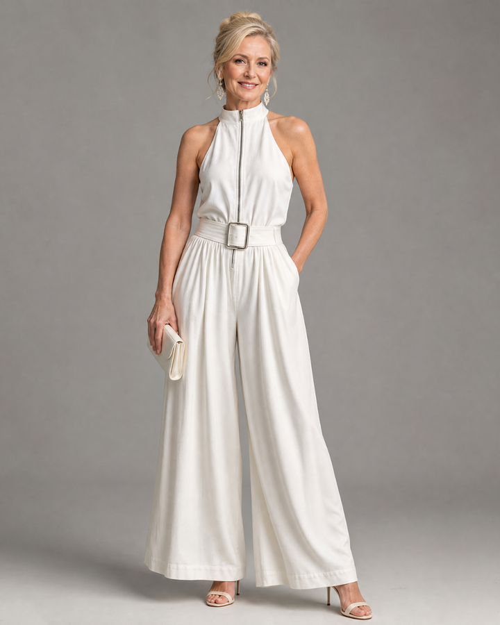Dana | Belted High Neck Wide Leg Sleeveless Jumpsuit