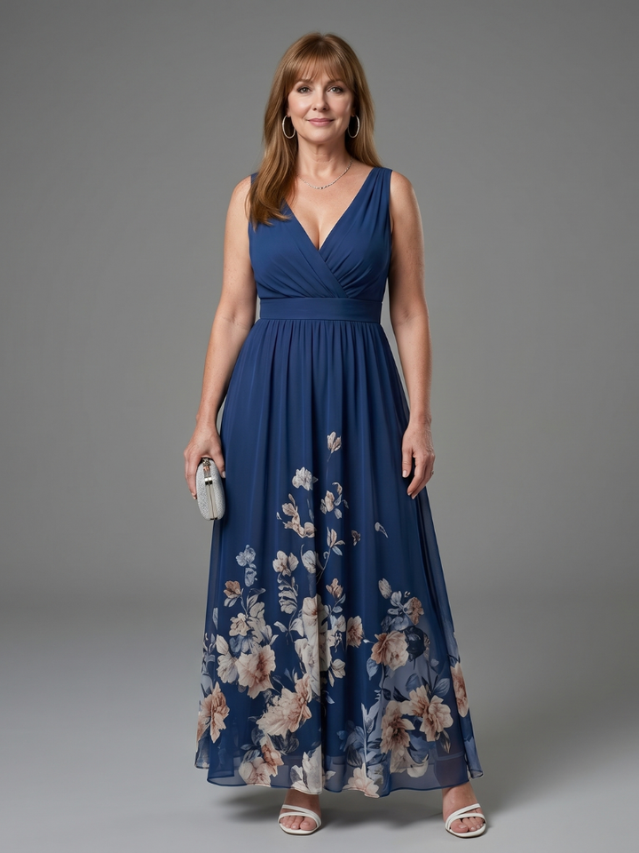 Bellthorne | Sleeveless V Neck Soft Floral Hem Midi Dress