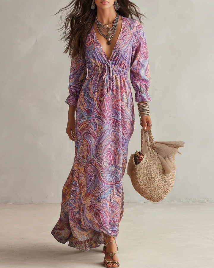 Paisley Print V-neck Gathered Chiffon Maxi Dress
