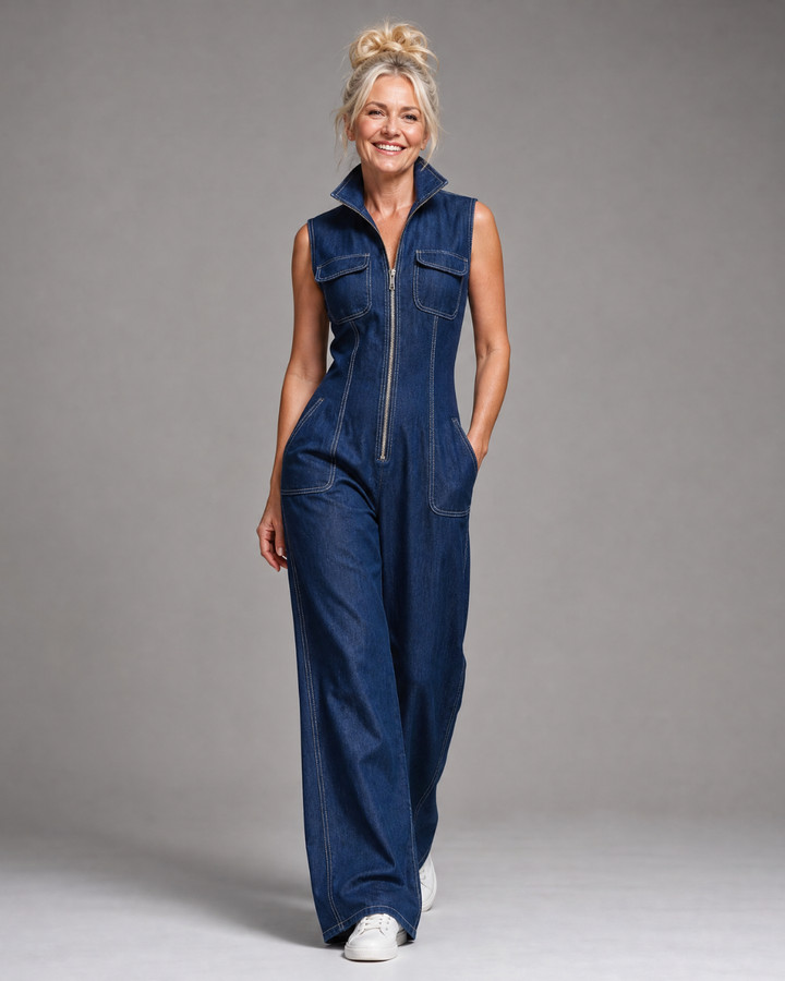 Destiny | Zip Front Sleeveless Denim Wide Leg Jumpsuit