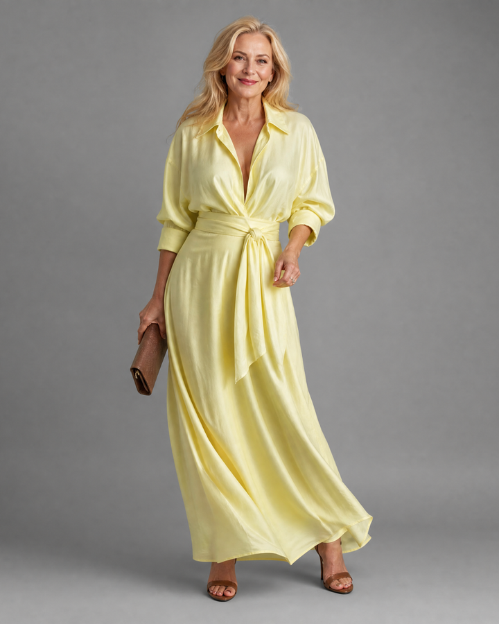 Esther | Belted Collared Flowing Long Sleeve Midi Dress