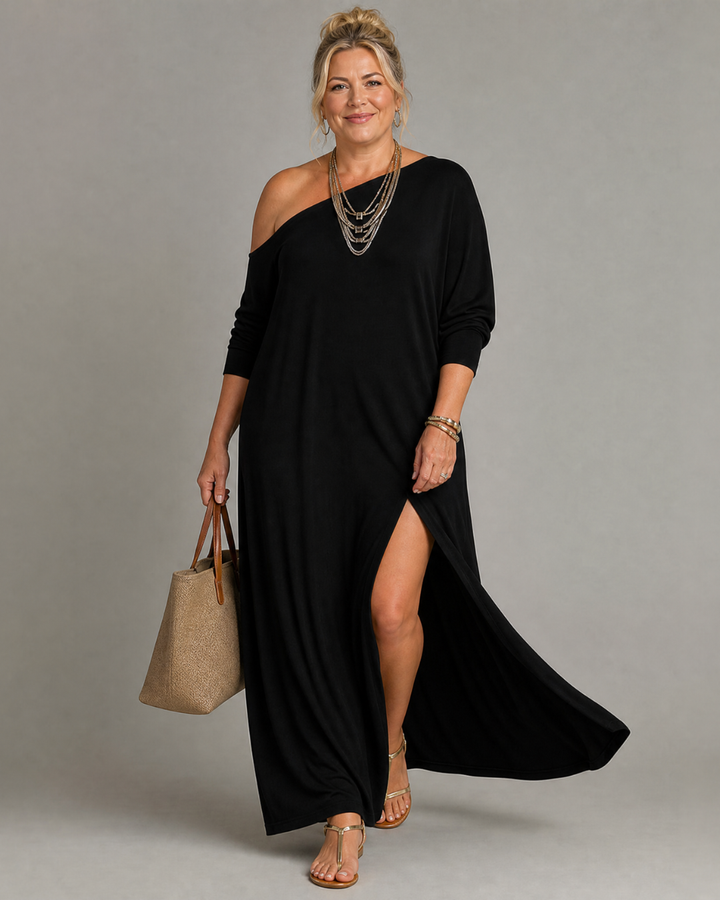 Elise | One Shoulder Side Slit Flowing Midi Dress