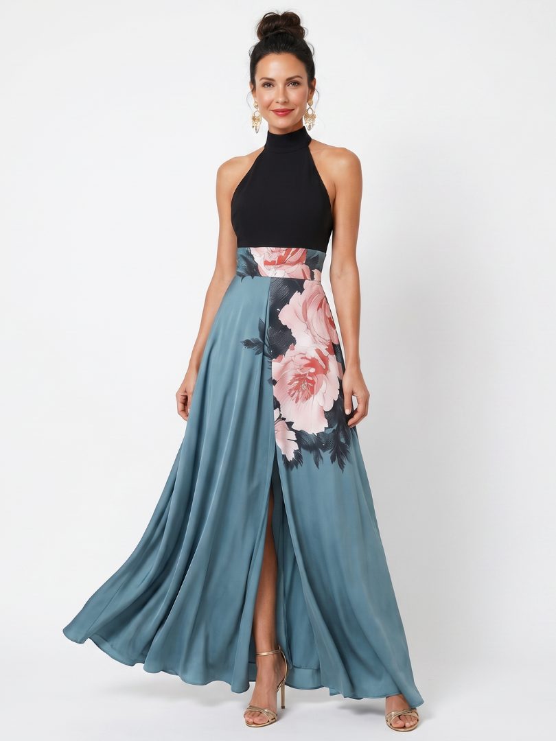 Bellthorne | Halter Bodice Floral Skirt Maxi Dress