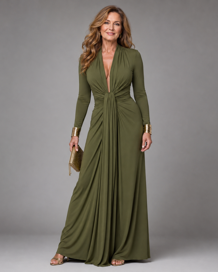 Erin | Draped Deep V Neck Long Sleeve Maxi Dress