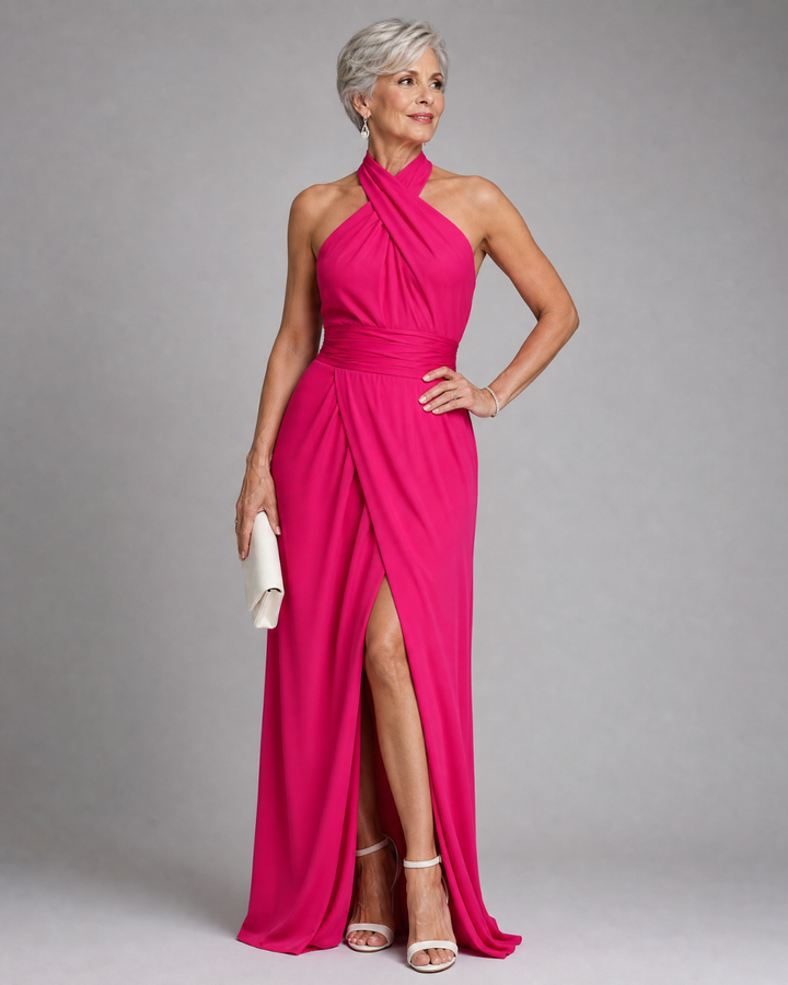 Felicity | Cross Halter Draped Side Slit Midi Dress