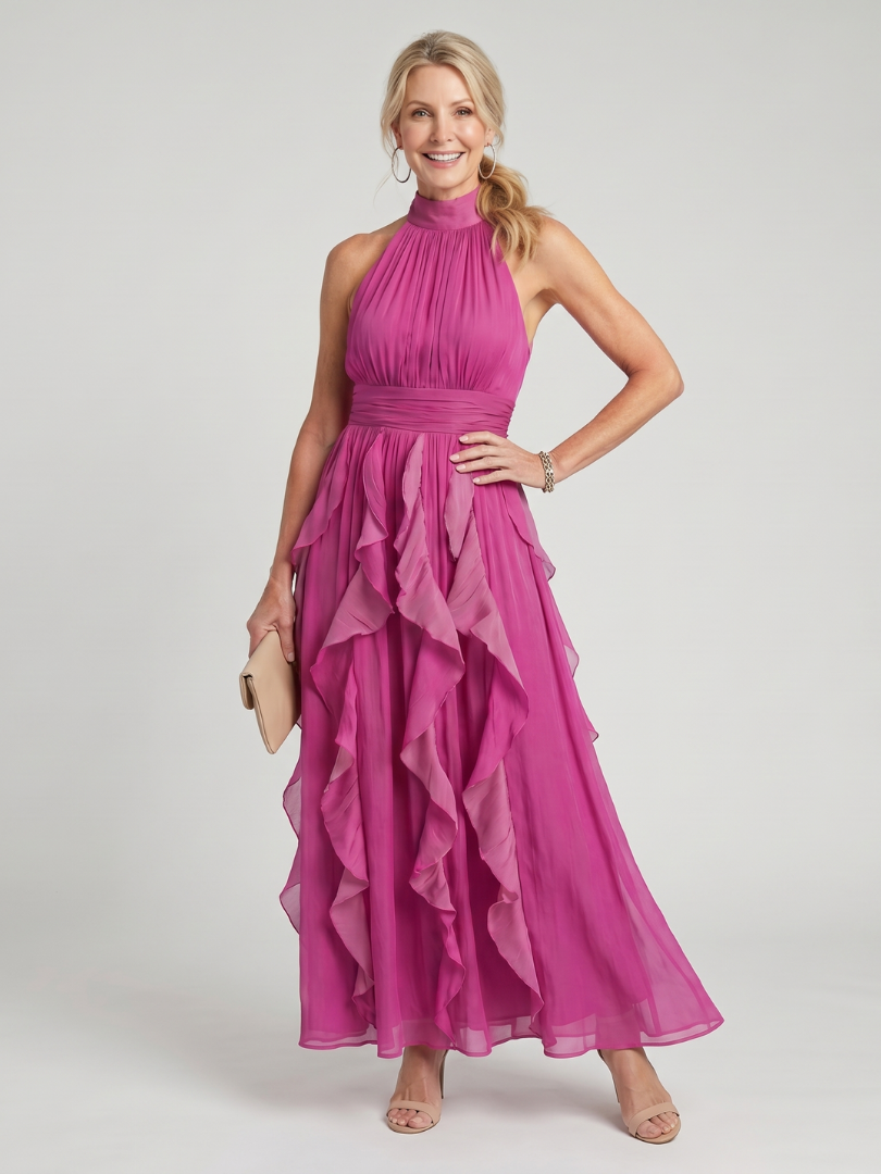 OREA | High Neck Gathered Ruffle Layers Maxi Dress