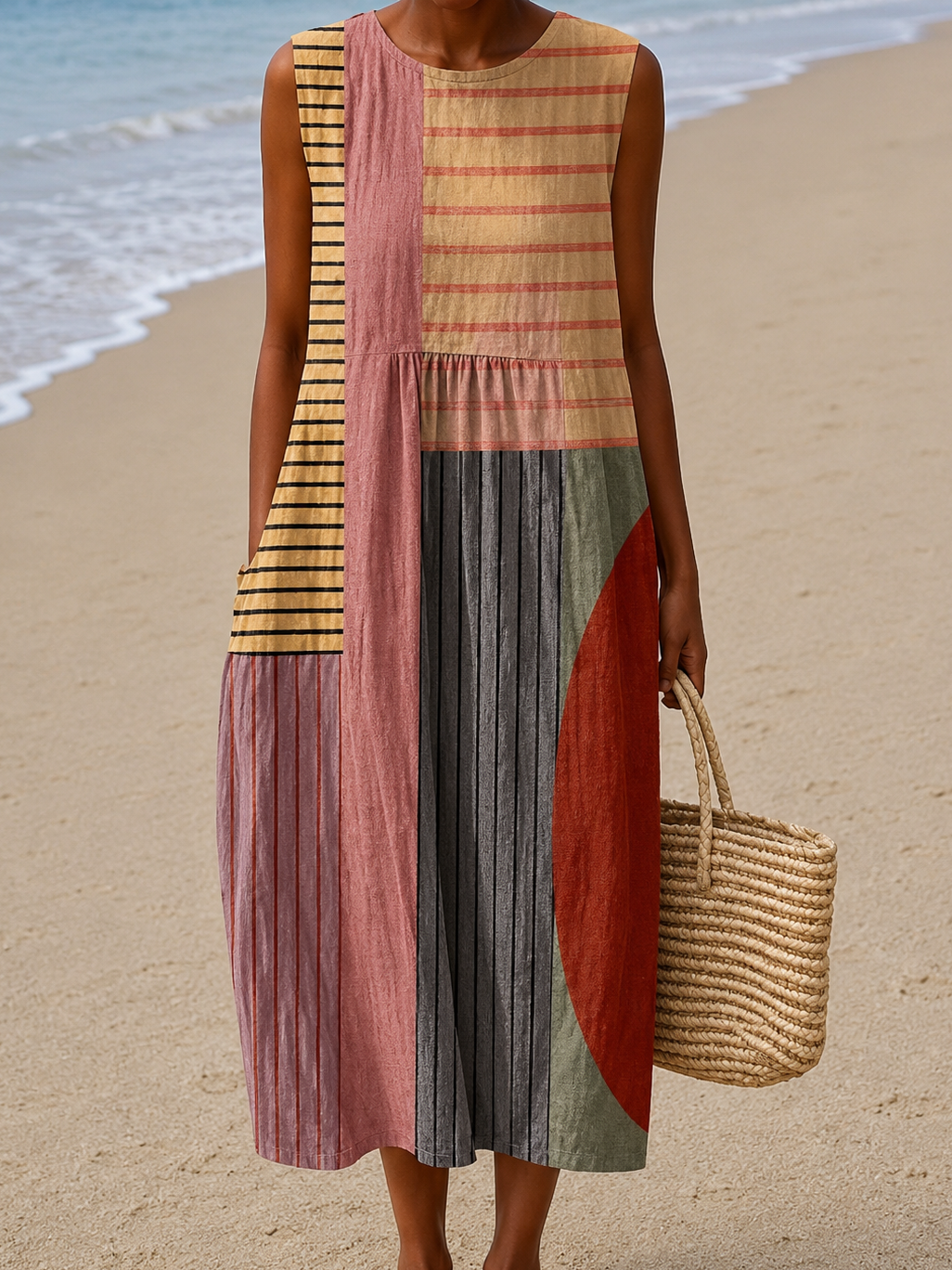 Jasmine - Women's Sleeveless Printed Beach Midi Dress Loose