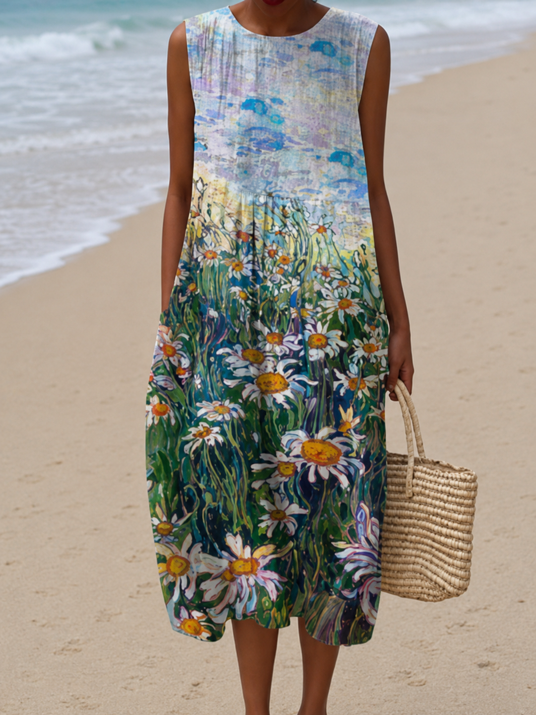 Kennedy - Women's Sleeveless Printed Beach Midi Dress Loose