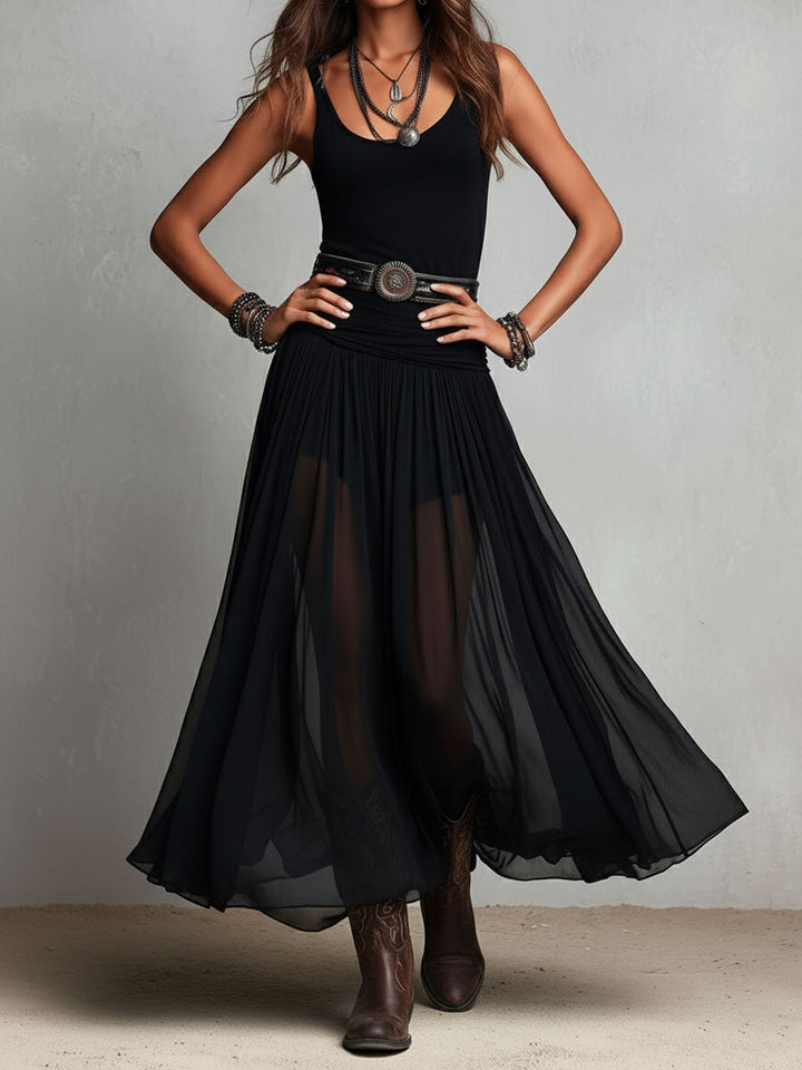 Black Boho Western Stretchy Maxi Dress with Sheer Skirt