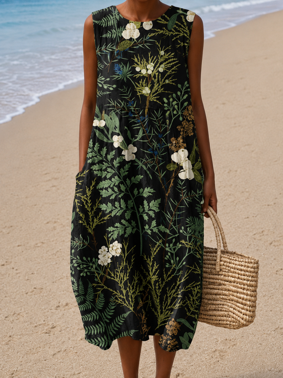 Naomi - Women's Sleeveless Printed Beach Midi Dress Loose