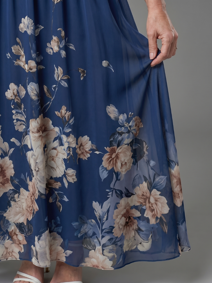 Bellthorne | Sleeveless V Neck Soft Floral Hem Midi Dress