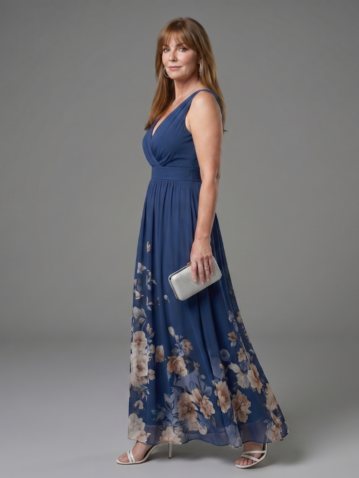 Bellthorne | Sleeveless V Neck Soft Floral Hem Midi Dress