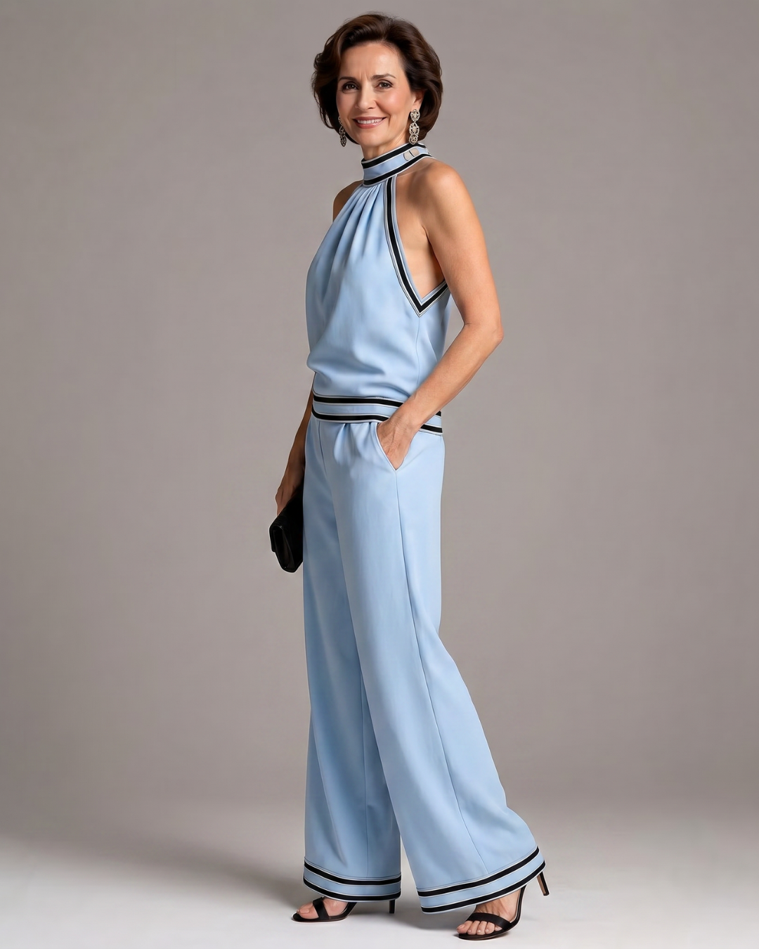 Erica | Contrast Trim Halter Neck Wide Leg Jumpsuit