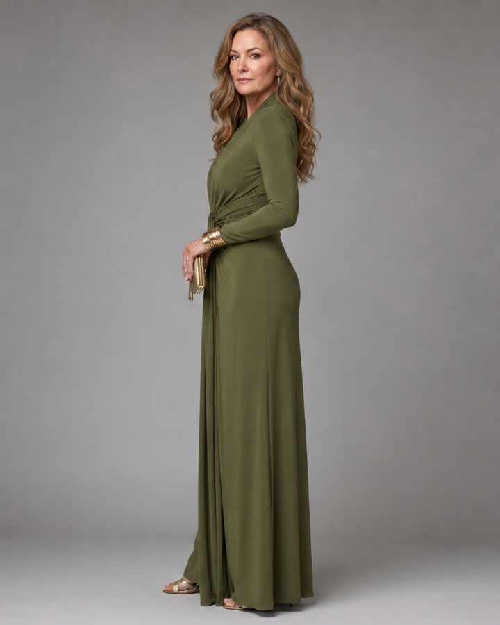 Erin | Draped Deep V Neck Long Sleeve Maxi Dress