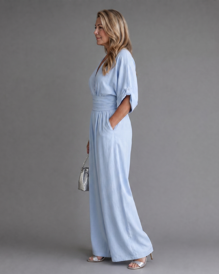 Francesca | Draped V Neck Wide Leg Relaxed Jumpsuit