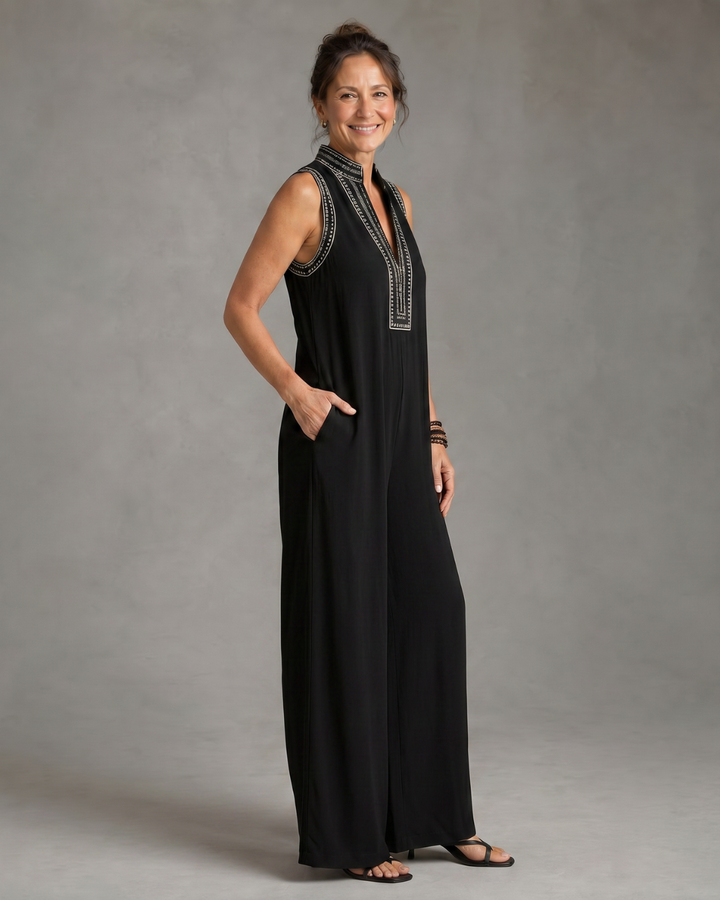 Daisy | Embroidered V Neck Sleeveless Wide Leg Jumpsuit