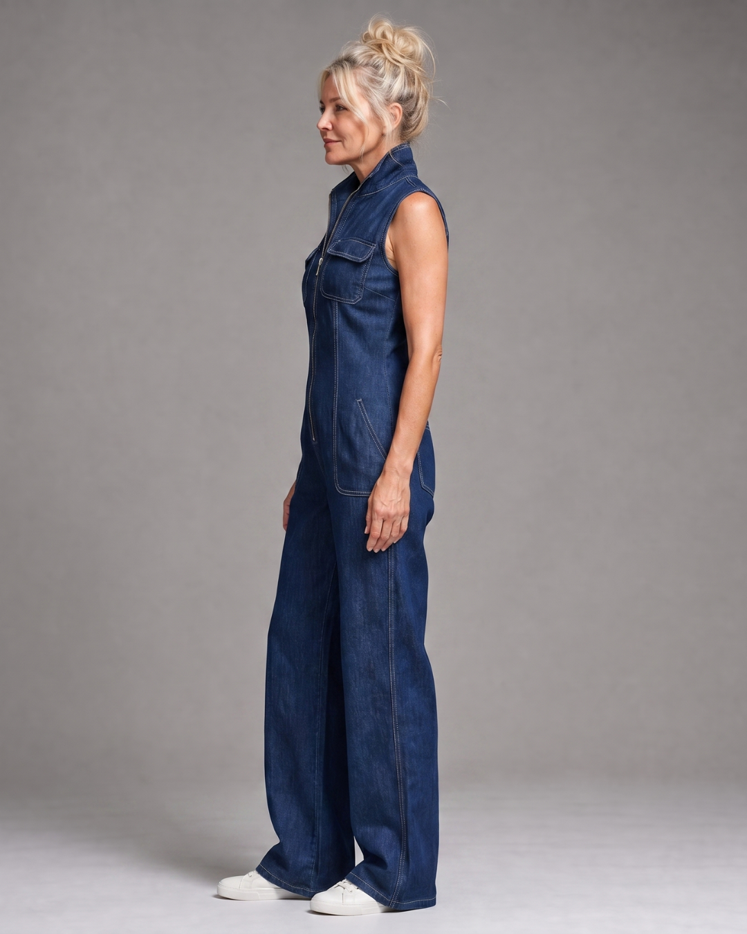 Destiny | Zip Front Sleeveless Denim Wide Leg Jumpsuit