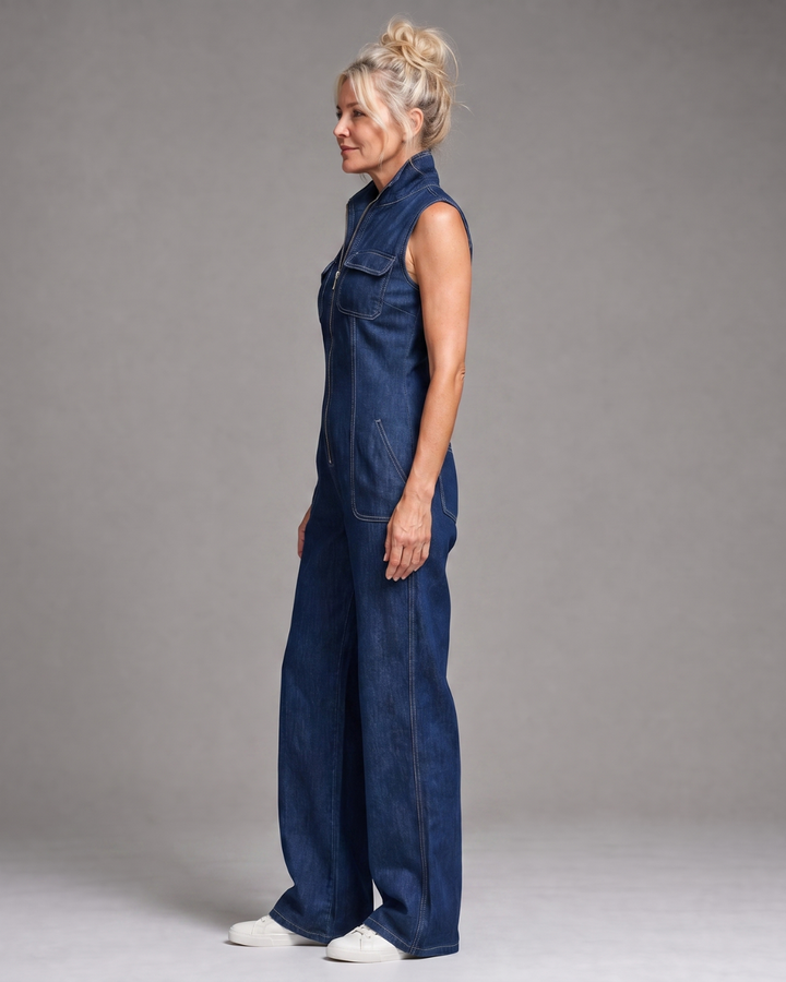 Destiny | Zip Front Sleeveless Denim Wide Leg Jumpsuit