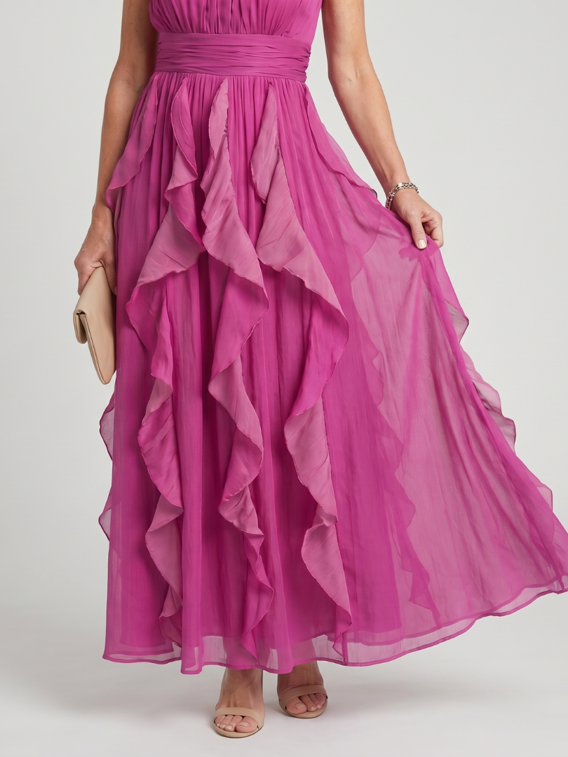 OREA | High Neck Gathered Ruffle Layers Maxi Dress