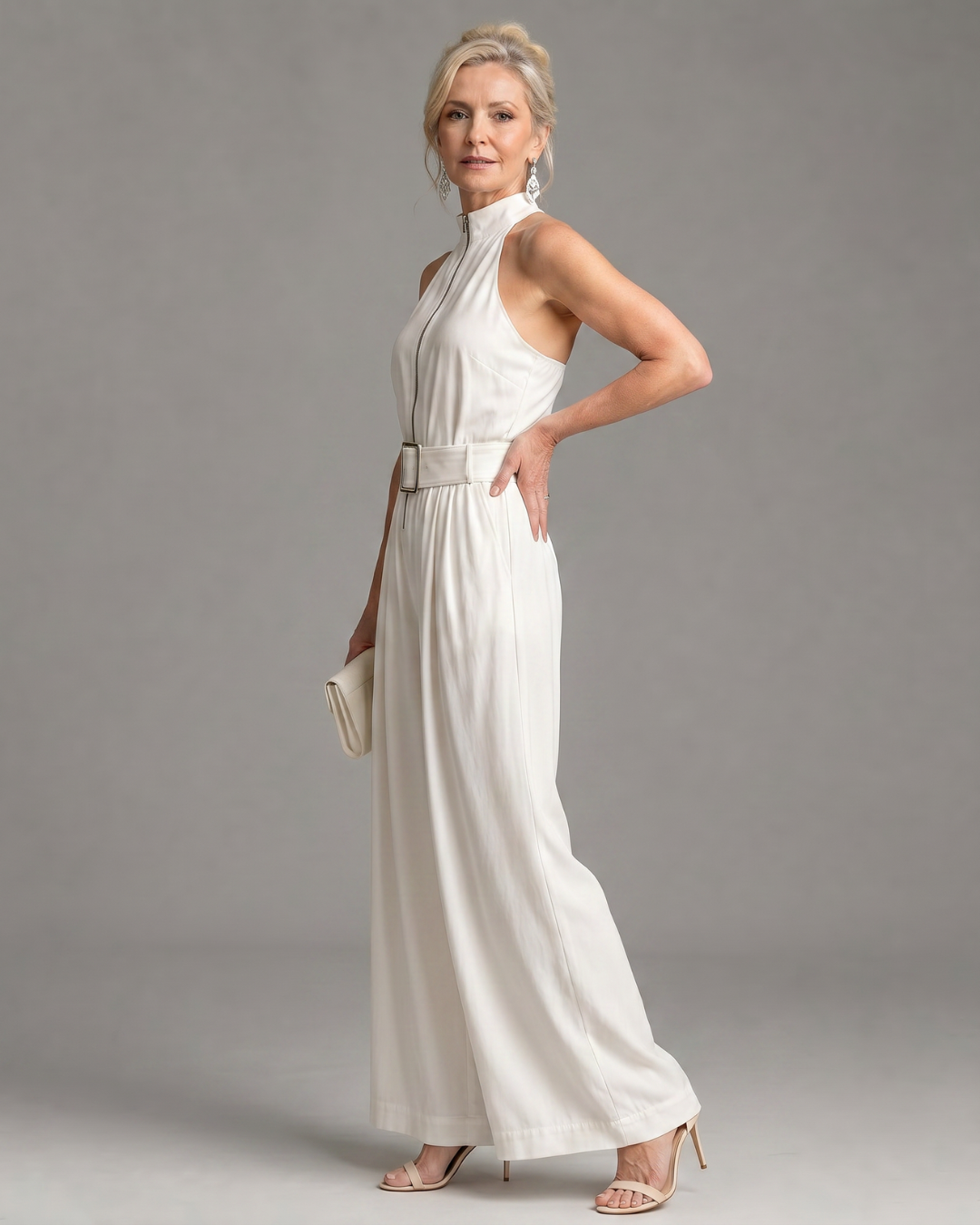 Dana | Belted High Neck Wide Leg Sleeveless Jumpsuit