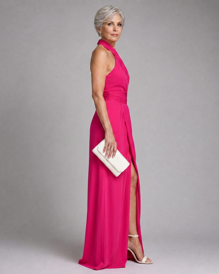 Felicity | Cross Halter Draped Side Slit Midi Dress