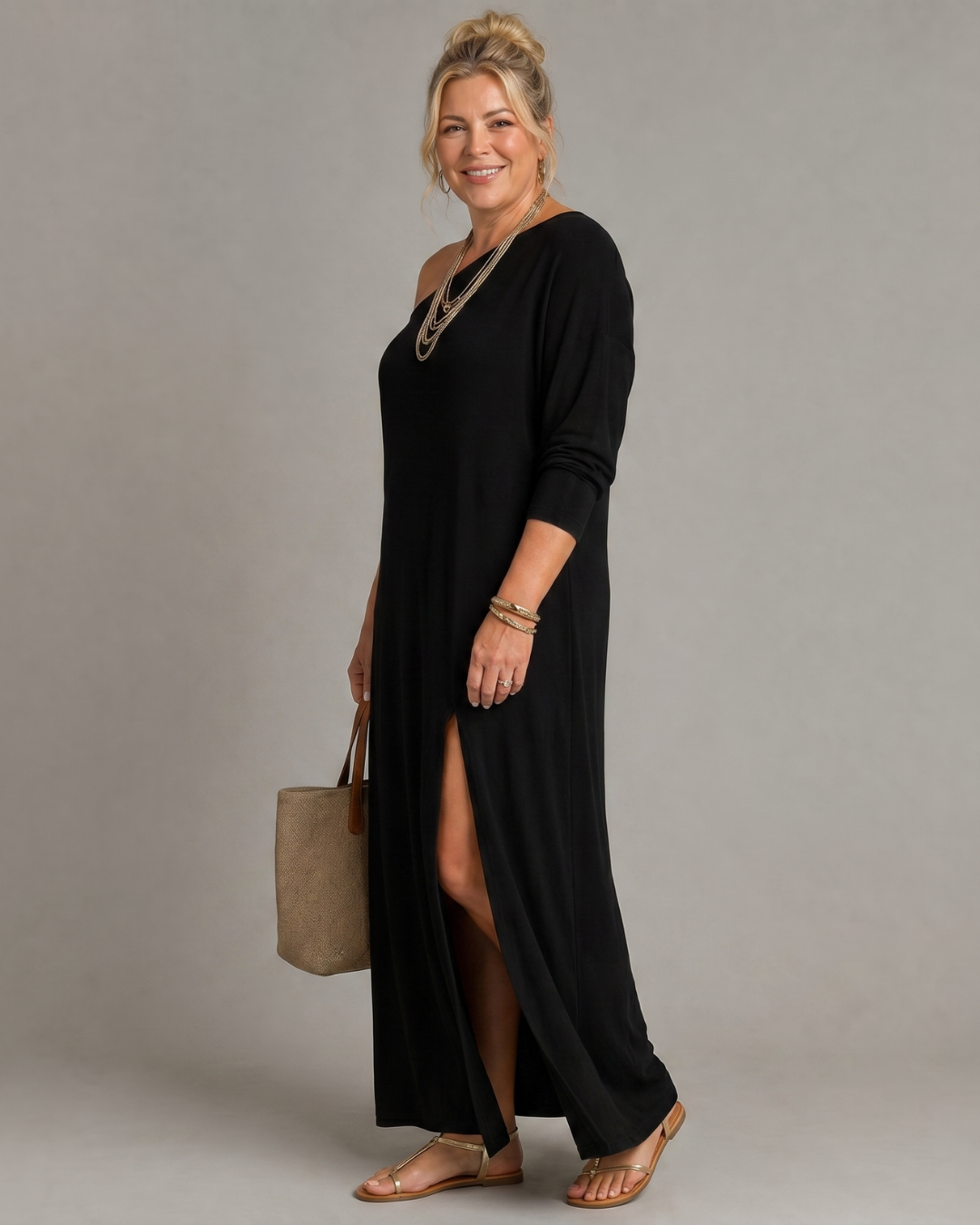 Elise | One Shoulder Side Slit Flowing Midi Dress