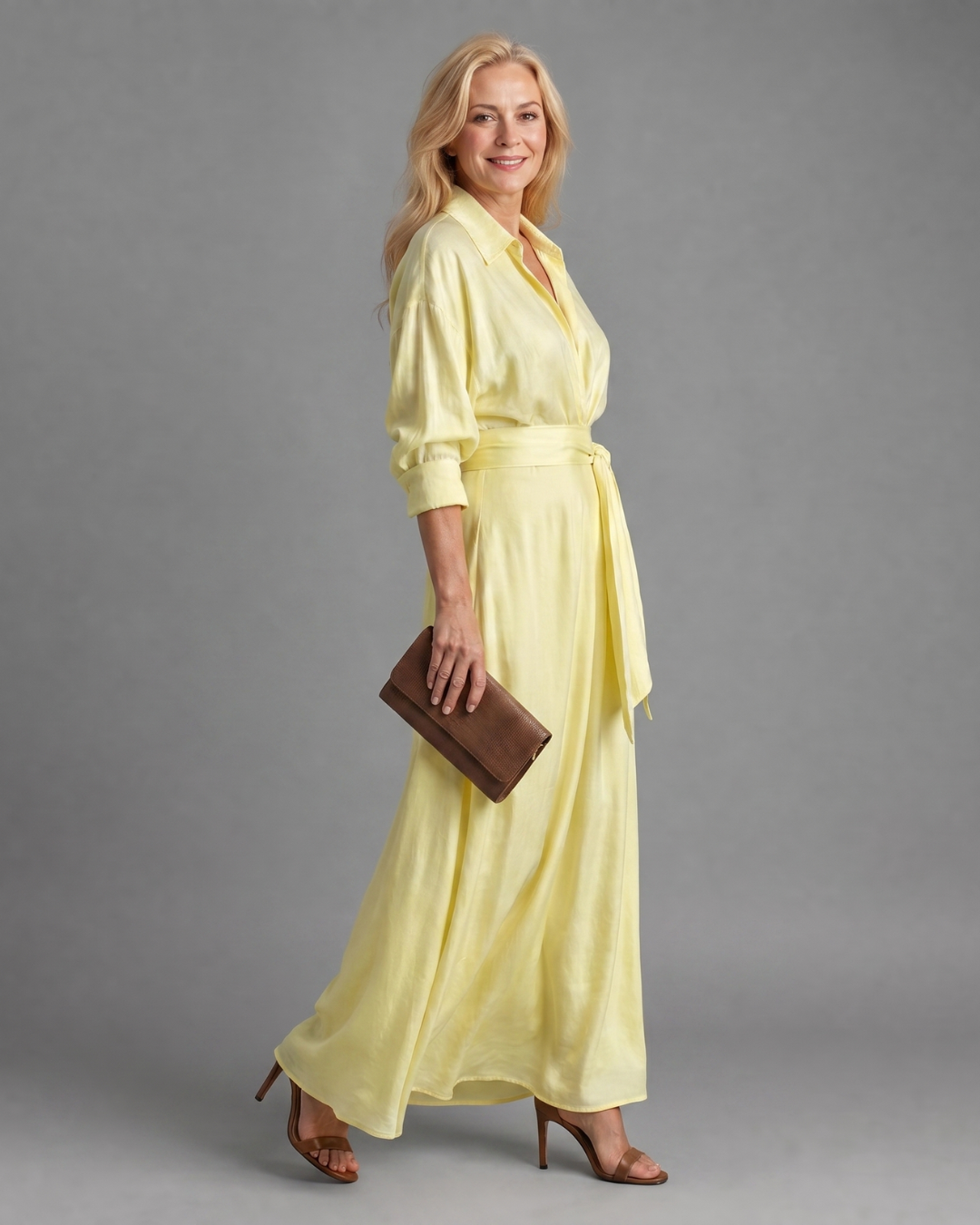 Esther | Belted Collared Flowing Long Sleeve Midi Dress