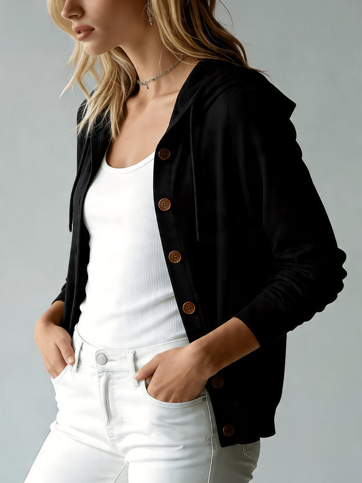 Noemi | Black Hooded Cardigan with Buttons