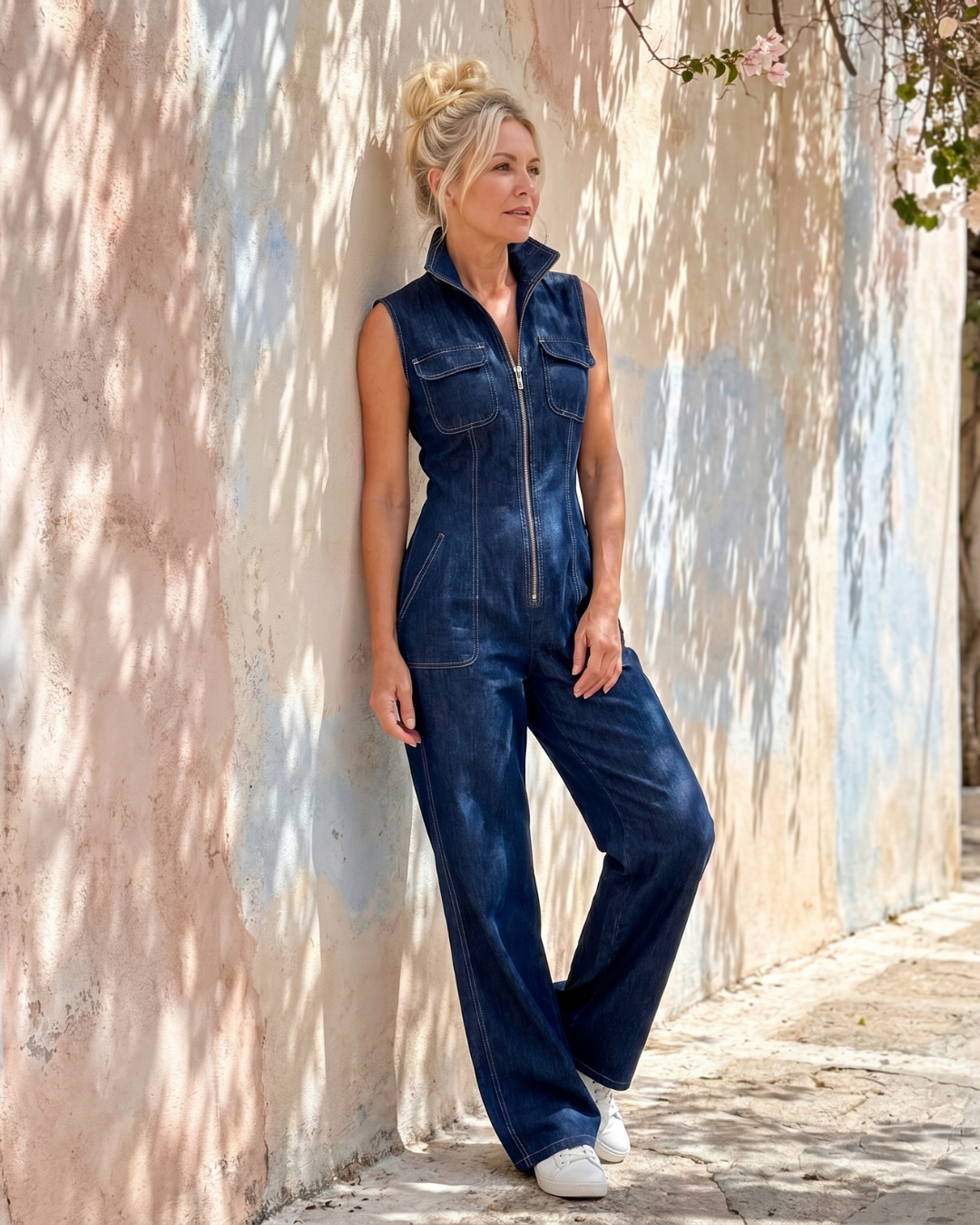 Destiny | Zip Front Sleeveless Denim Wide Leg Jumpsuit