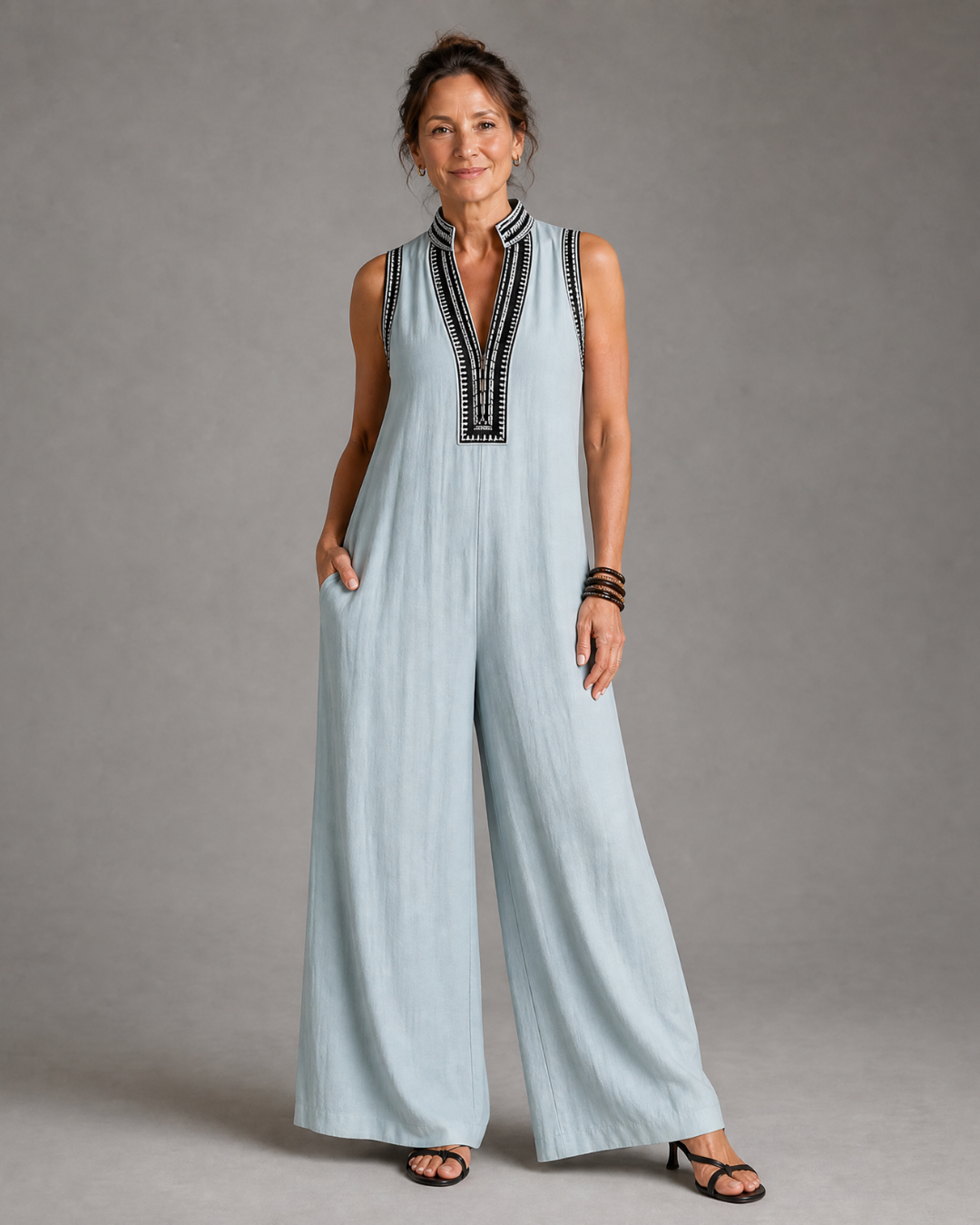 Daisy | Embroidered V Neck Sleeveless Wide Leg Jumpsuit