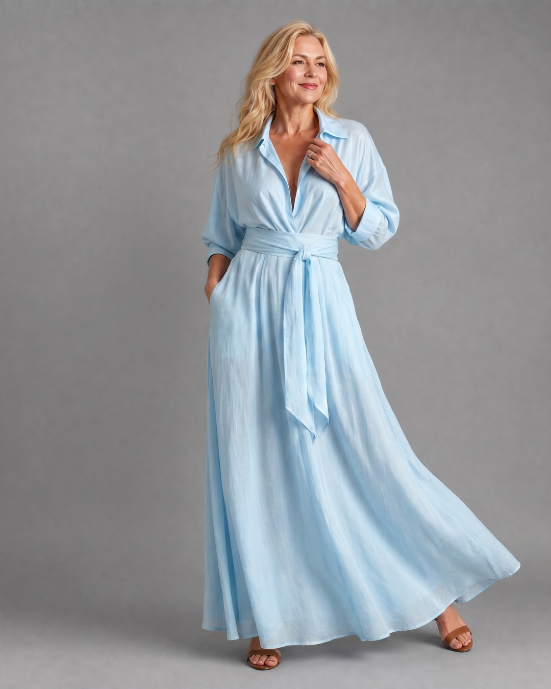 Esther | Belted Collared Flowing Long Sleeve Midi Dress