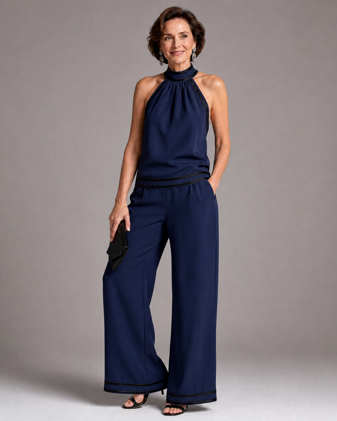 Erica | Contrast Trim Halter Neck Wide Leg Jumpsuit