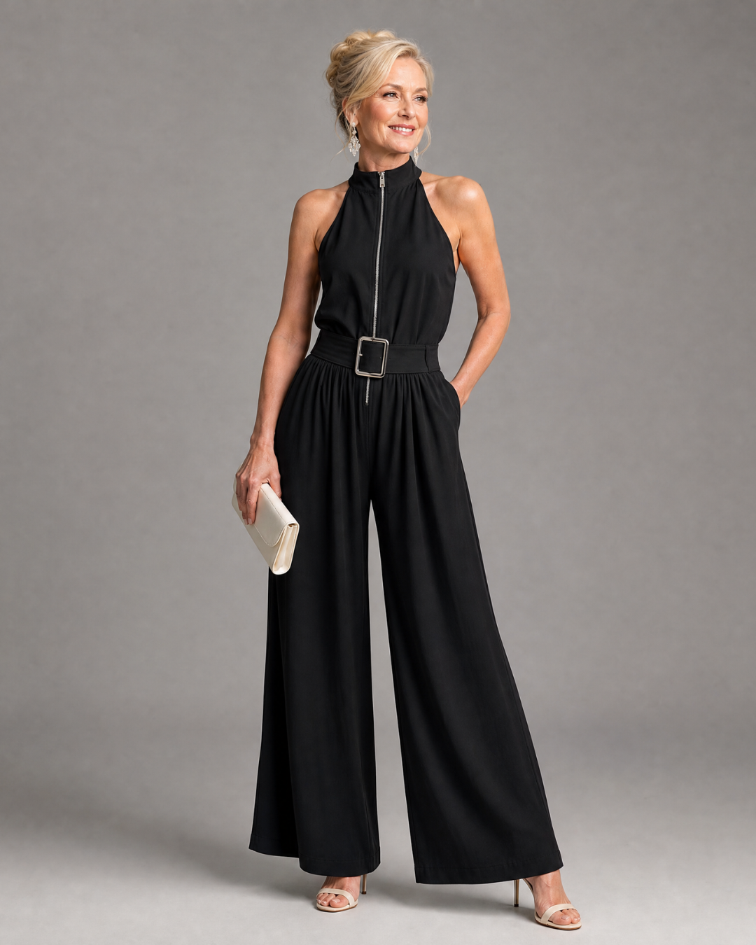 Dana | Belted High Neck Wide Leg Sleeveless Jumpsuit