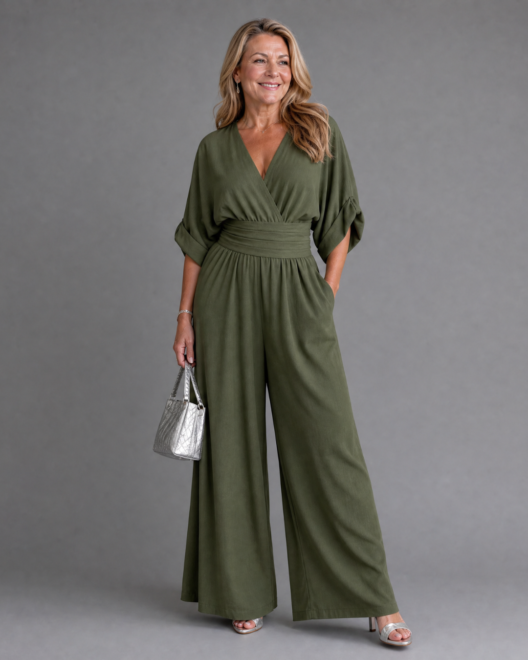 Francesca | Draped V Neck Wide Leg Relaxed Jumpsuit