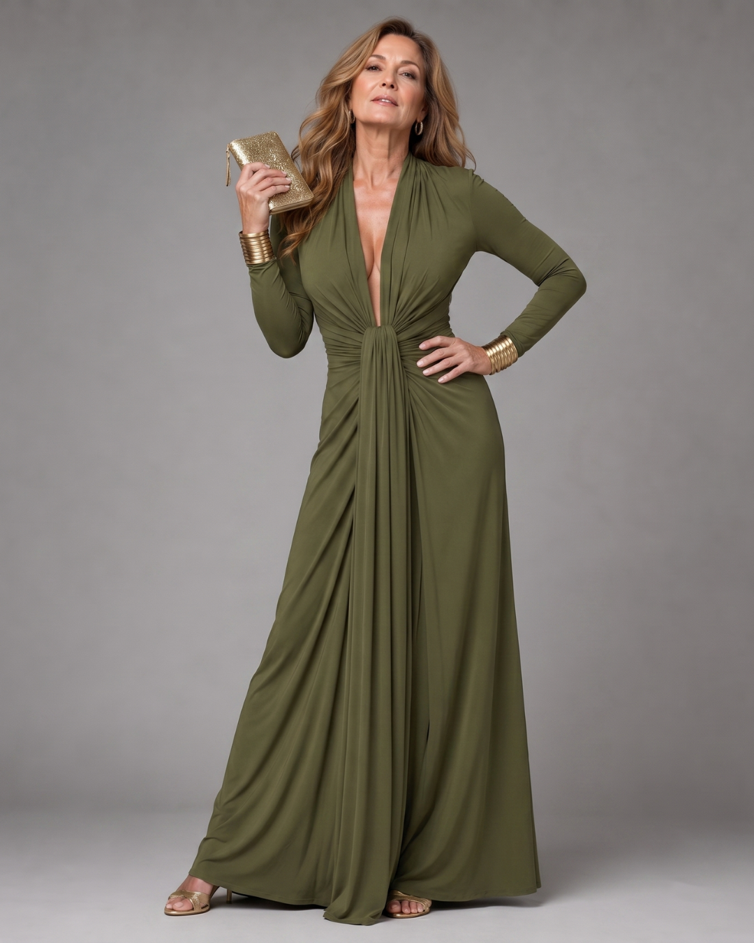 Erin | Draped Deep V Neck Long Sleeve Maxi Dress