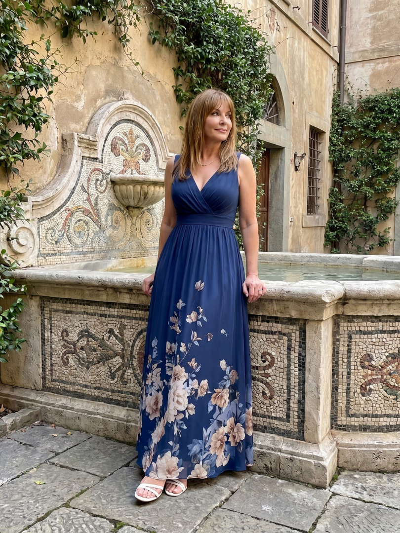 Bellthorne | Sleeveless V Neck Soft Floral Hem Midi Dress
