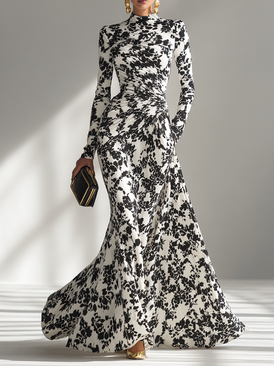 NANCY | Black And White Patterned Stretch Blend Wrap Dress