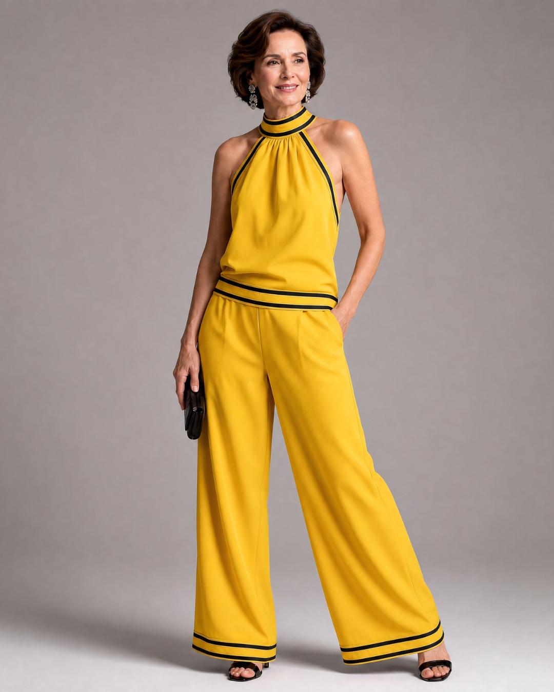 Erica | Contrast Trim Halter Neck Wide Leg Jumpsuit