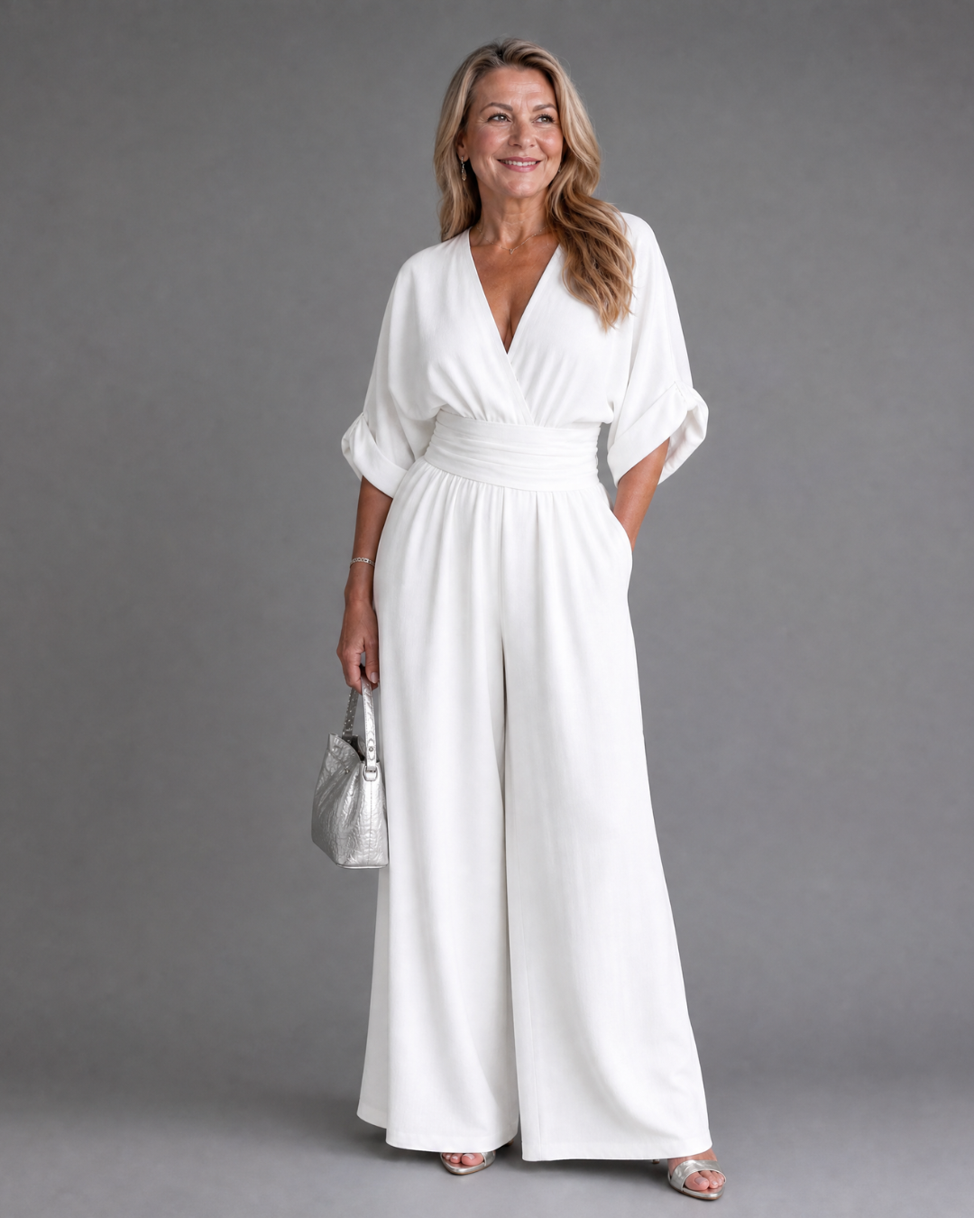 Francesca | Draped V Neck Wide Leg Relaxed Jumpsuit